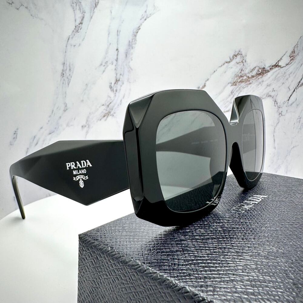 New PRADA Sunglasses Black Silver Symbole Logo Oversized Square Frame 54mm - Picture 16 of 16
